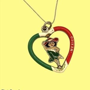 Vintage Mexican Flag colors heart necklace with articulating spinning dancer